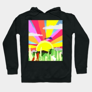 The Quiet Sunrise, with animals in a peaceful fun and colorful landscape Hoodie